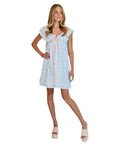 Charlotte Blue Geometric Ruffle Mini Dress with Pink Bow