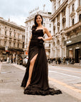 Esme Black Silk Chiffon One Shoulder Gown