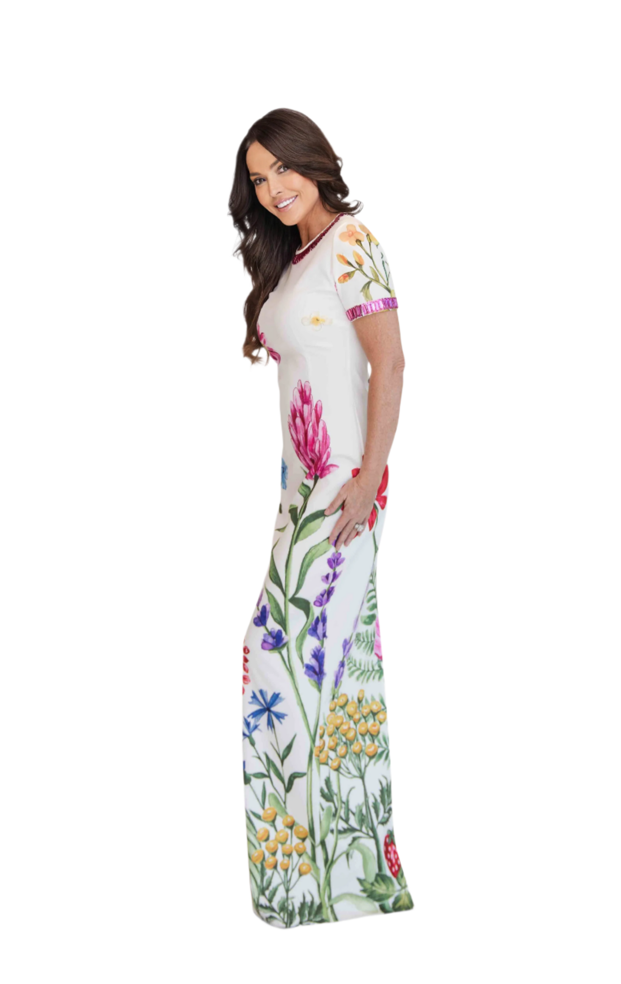 Deja White Floral Maxi Gown with Rhinestone Trim