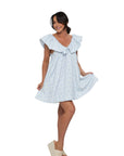 Charlotte Blue Geometric Ruffle Mini Dress with Pink Bow