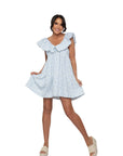 Charlotte Blue Geometric Ruffle Mini Dress with Pink Bow