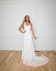 Esme White with Pink Detail Silk Chiffon One Shoulder Gown