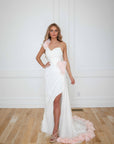 Esme White with Pink Detail Silk Chiffon One Shoulder Gown