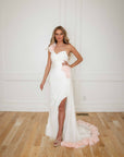 Esme White with Pink Detail Silk Chiffon One Shoulder Gown