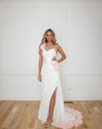 Esme White with Pink Detail Silk Chiffon One Shoulder Gown