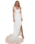 Esme White with Pink Detail Silk Chiffon One Shoulder Gown