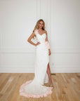 Esme White with Pink Detail Silk Chiffon One Shoulder Gown