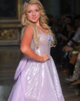 Brigid Short A-line Lavender Sequined Gown with Oversized Tulle Bow Train