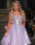 Brigid Short A-line Lavender Sequined Gown with Oversized Tulle Bow Train