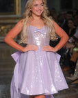 Brigid Short A-line Lavender Sequined Gown with Oversized Tulle Bow Train