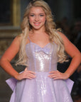 Brigid Short A-line Lavender Sequined Gown with Oversized Tulle Bow Train