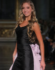 Asteria Silk Black Fitted Gown With Lavender Train with Rosette Detailing