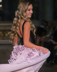 Asteria Silk Black Fitted Gown With Lavender Train with Rosette Detailing