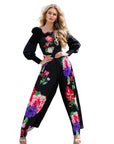 Elise Black Floral Satin Jumpsuit with Lace detail