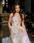 Aine Sequined Floral Strapless Gown with Lavender Layered Tulle Train