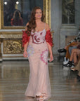 Aura Beaded and Sequined Gown with Red Layered Tulle Shrug