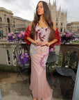 Aura Beaded and Sequined Gown with Red Layered Tulle Shrug