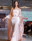 Iris Silk Pink Strapless gown with White Trim and Cape Train