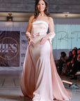 Iris Silk Pink Strapless gown with White Trim and Cape Train
