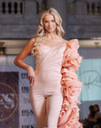 Hera Silk Blush Strapless Jumpsuit with Asymmetrical Rosette Train