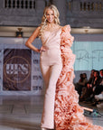 Hera Silk Blush Strapless Jumpsuit with Asymmetrical Rosette Train