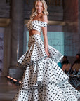Jaya Silk Black And White Polka Dot Two Piece Gown with Layered Skirt