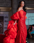 Lissa Red Sequined Strapless Gown with Oversized Rosette Cape Train