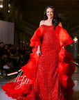 Lissa Red Sequined Strapless Gown with Oversized Rosette Cape Train
