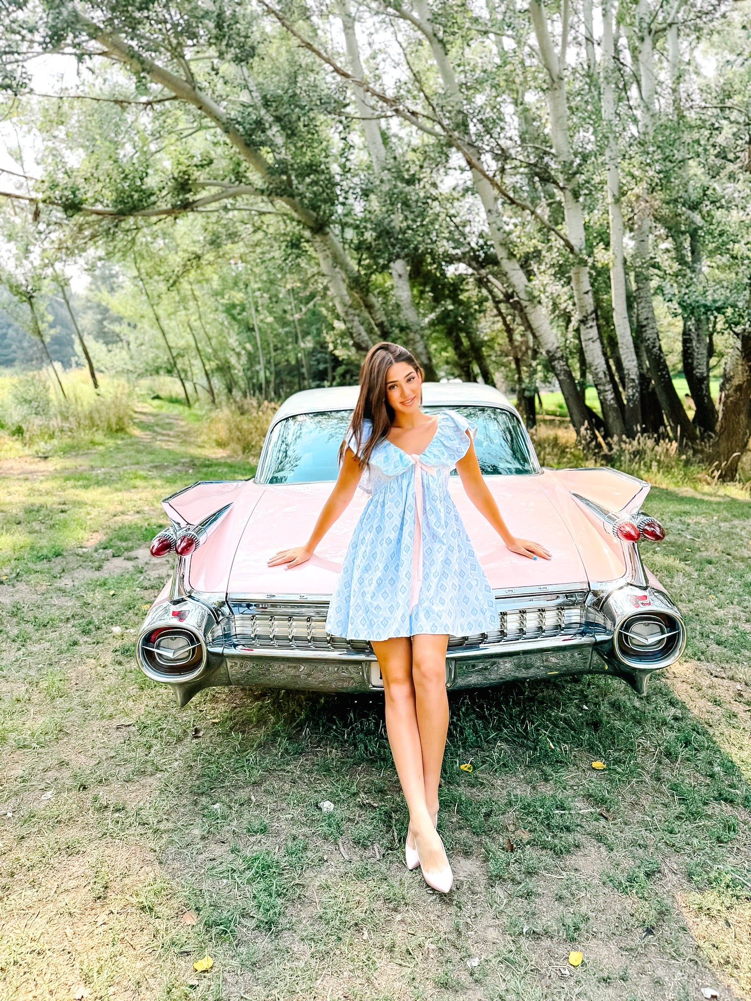 Charlotte Blue Geometric Ruffle Mini Dress with Pink Bow