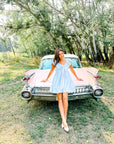 Charlotte Blue Geometric Ruffle Mini Dress with Pink Bow