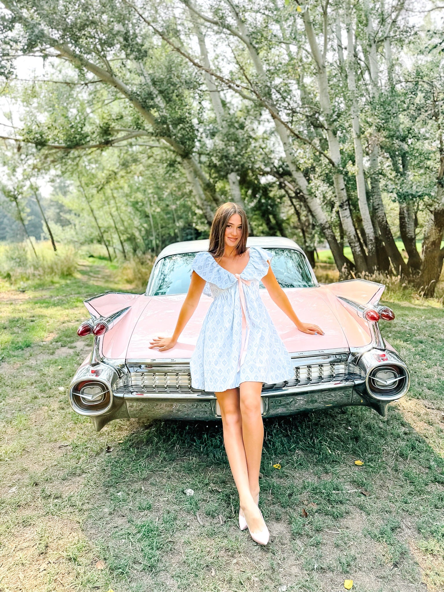 Charlotte Blue Geometric Ruffle Mini Dress with Pink Bow