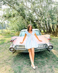 Charlotte Blue Geometric Ruffle Mini Dress with Pink Bow