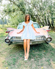 Charlotte Blue Geometric Ruffle Mini Dress with Pink Bow