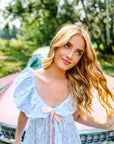 Charlotte Blue Geometric Ruffle Mini Dress with Pink Bow