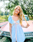 Charlotte Blue Geometric Ruffle Mini Dress with Pink Bow