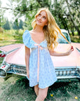 Charlotte Blue Geometric Ruffle Mini Dress with Pink Bow