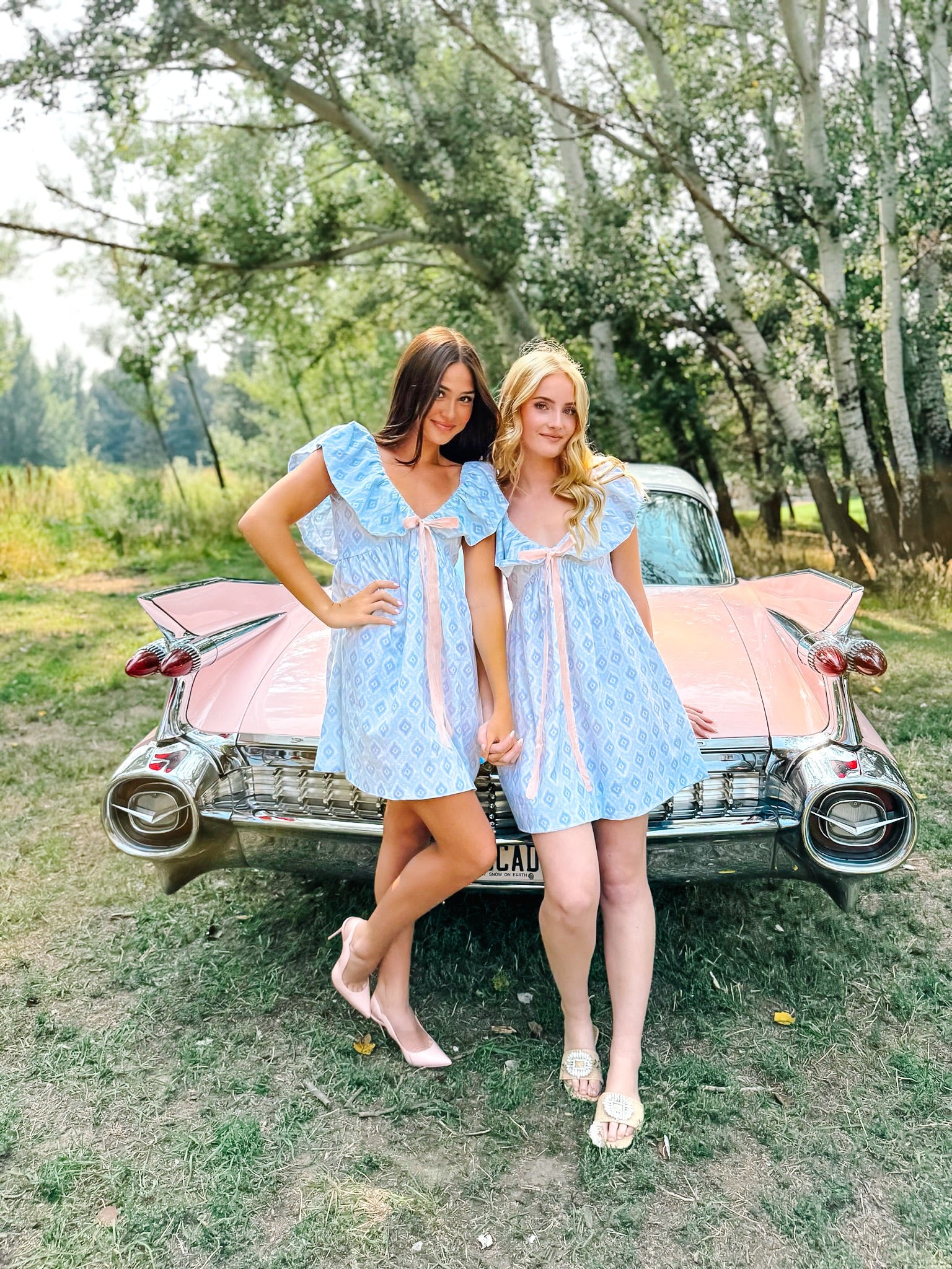 Charlotte Blue Geometric Ruffle Mini Dress with Pink Bow