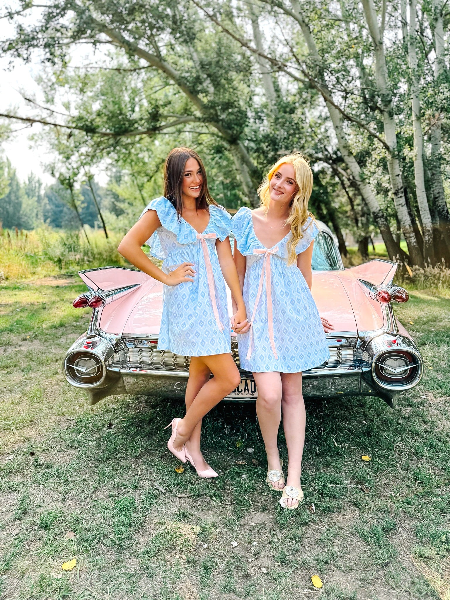 Charlotte Blue Geometric Ruffle Mini Dress with Pink Bow