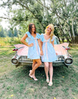 Charlotte Blue Geometric Ruffle Mini Dress with Pink Bow