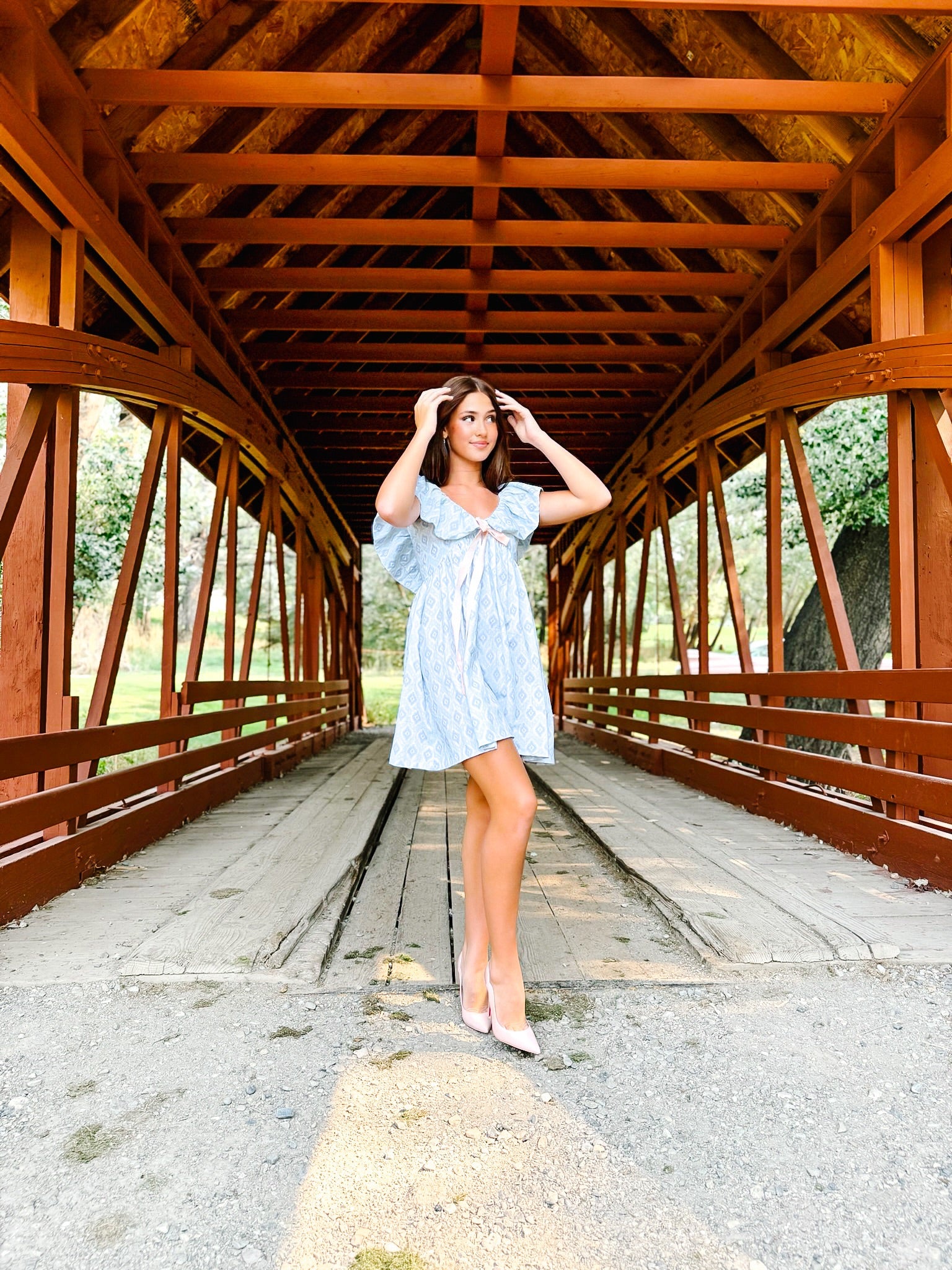 Charlotte Blue Geometric Ruffle Mini Dress with Pink Bow