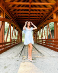 Charlotte Blue Geometric Ruffle Mini Dress with Pink Bow