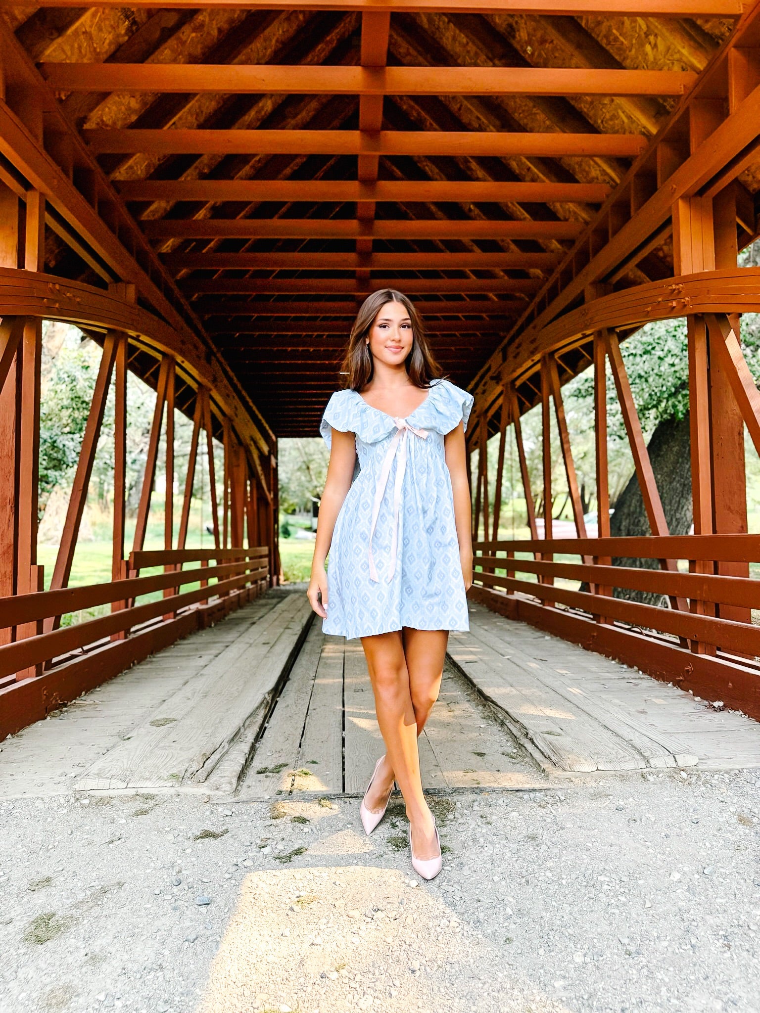 Charlotte Blue Geometric Ruffle Mini Dress with Pink Bow
