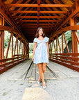 Charlotte Blue Geometric Ruffle Mini Dress with Pink Bow