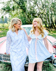 Charlotte Blue Geometric Ruffle Mini Dress with Pink Bow