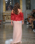 Aura Beaded and Sequined Gown with Red Layered Tulle Shrug