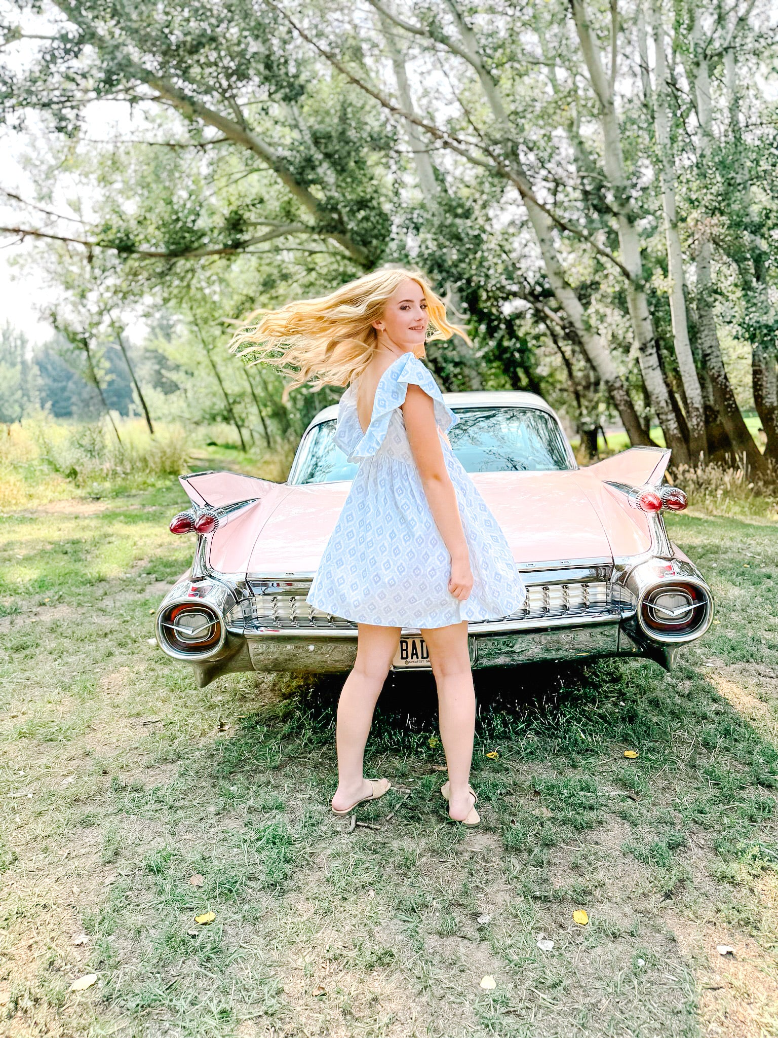 Charlotte Blue Geometric Ruffle Mini Dress with Pink Bow