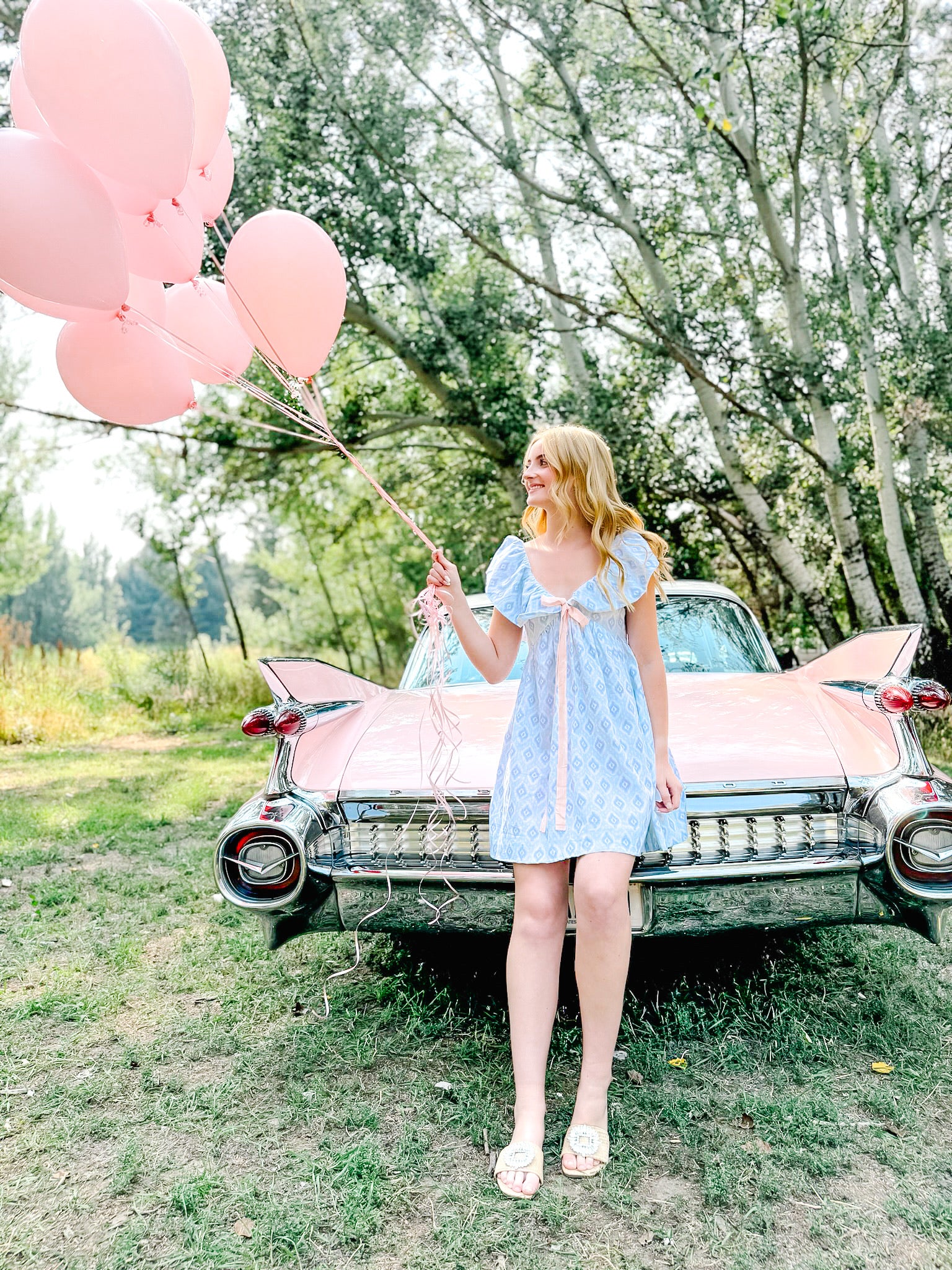 Charlotte Blue Geometric Ruffle Mini Dress with Pink Bow