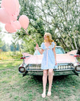 Charlotte Blue Geometric Ruffle Mini Dress with Pink Bow