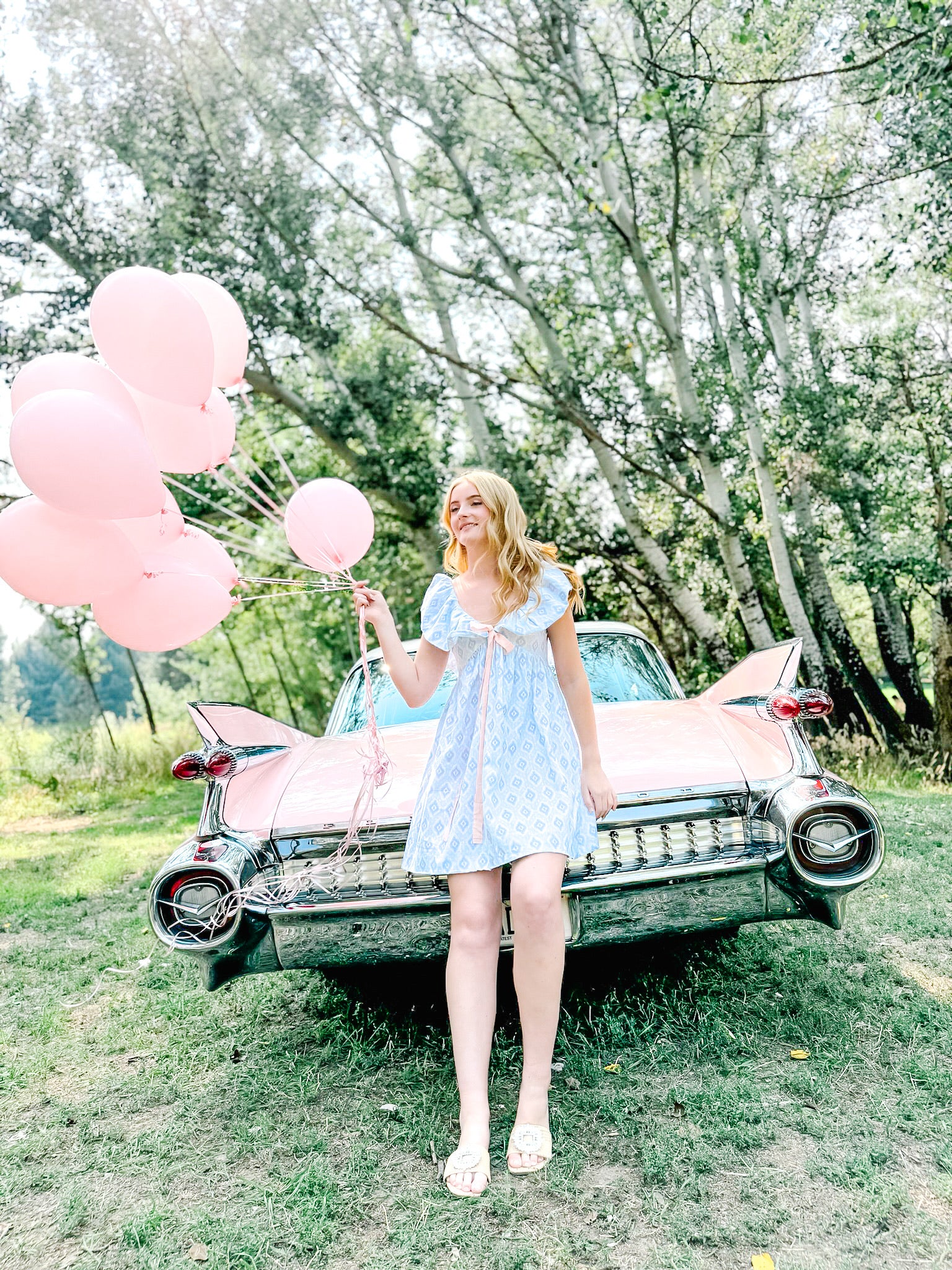 Charlotte Blue Geometric Ruffle Mini Dress with Pink Bow