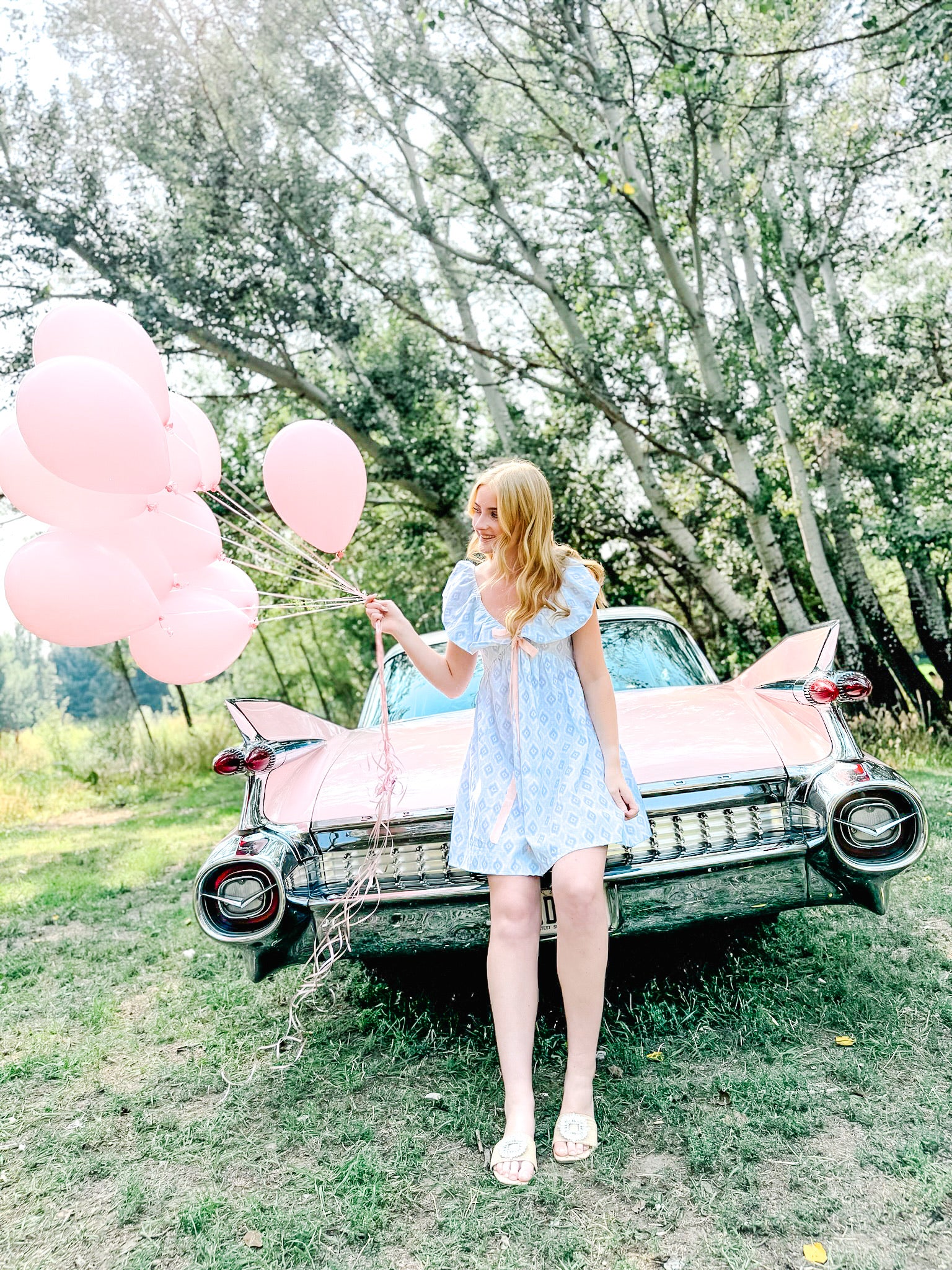 Charlotte Blue Geometric Ruffle Mini Dress with Pink Bow